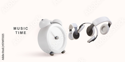 3d White realistic clock and headphones - music time concept. Vector illustration.