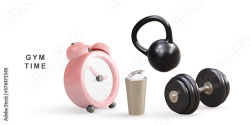 3d realistic clock, shacer, kettlebell and dumbbell - gym time concept. Vector illustration.