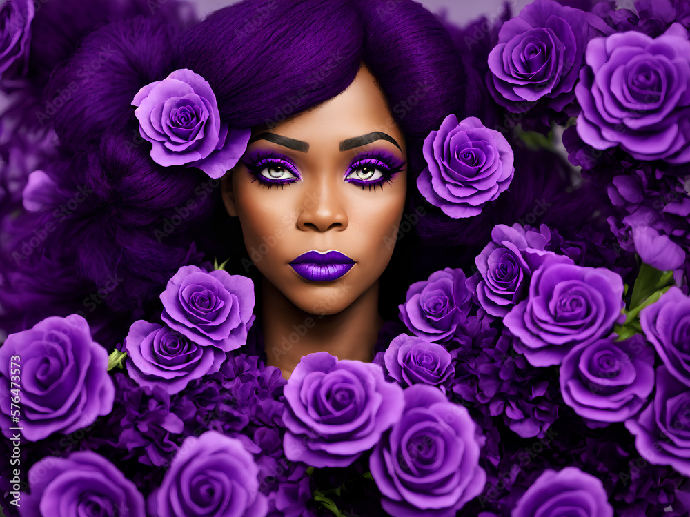 A stunning African American model posing gracefully surrounded by purple roses, radiating glamour and beauty. Generative AI.