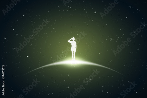 Soldier salutes. Military woman silhouette. Glowing outline in space