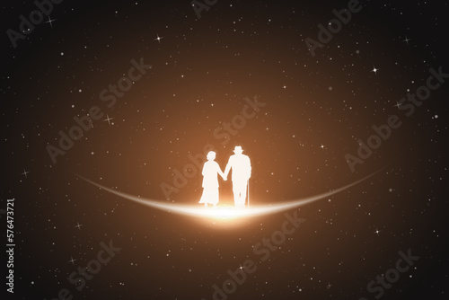 Old people walking. Loving couple silhouette. Glowing outline in space