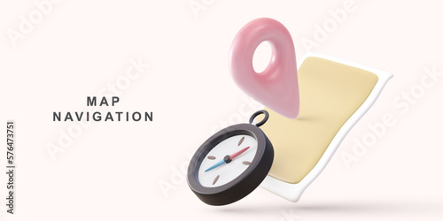 3d realistic compass and map with  pointer. Vector illustration.