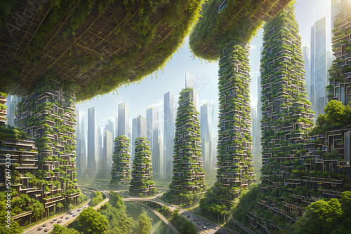 Splendid view of futuristic vertical gardens ecology concept, the green plants at balcony of skyscrapers. AI generated