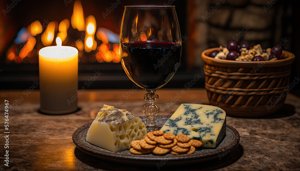 Cozy and Elegant Cheese Plate with Wine and Candles. Generative AI