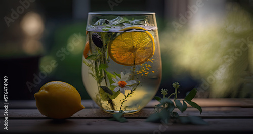 Lemon water in a glass with greenery. Generative AI