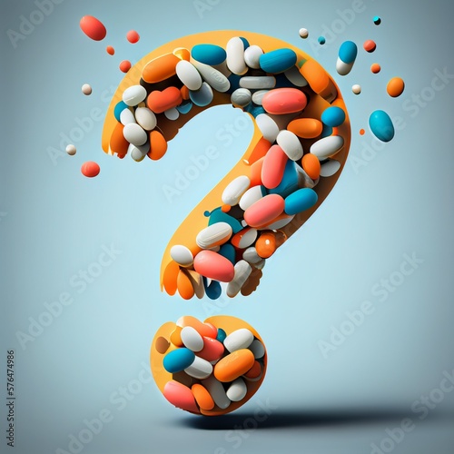 Question mark made of pills, ask your doctor, heathcare FAQ medicine medical health care, drugs, over-the-counter prescribed pill bottle and doctor's script (generative AI, AI)