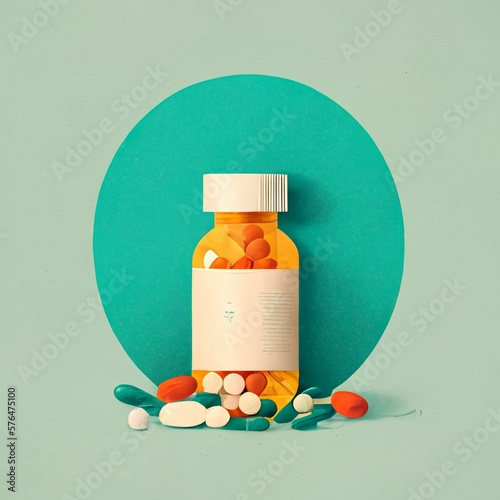 Pills prescriptions Rx in simple graphic style, clean cartoon circle graphic, medicine medical health care, drugs, over-the-counter prescribed pill bottle and doctor's script (generative AI, AI)