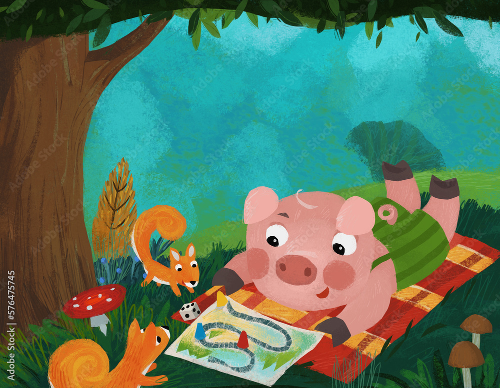 cartoon fairy tale scene with pig boy in the nature playing having fun illustration for children cartoon fairy tale scene with pig boy in the nature playing having fun illustration for children
