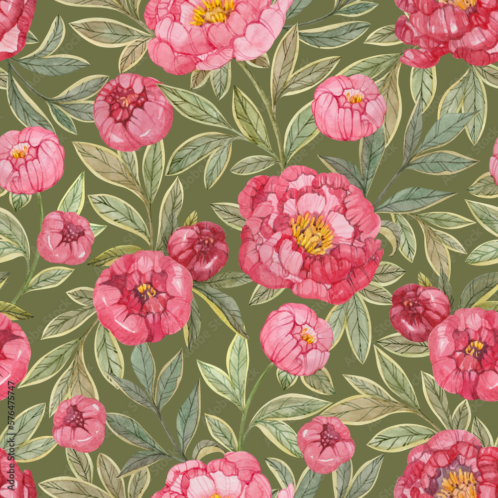 Seamless floral pattern with red and pink peonies and green leaves painted in watercolor on a dark green background. Elegant floral print for textiles, wrapping paper, wallpaper and more.