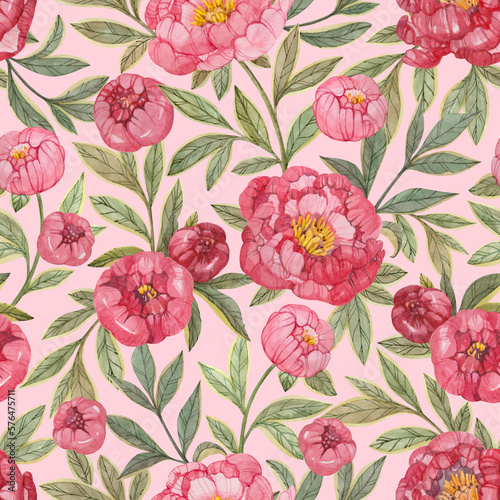 Wallpaper Mural Seamless floral pattern with red and pink peonies and green leaves painted in watercolor on a light pink background. Elegant floral print for textiles, wrapping paper, wallpaper and more. Torontodigital.ca