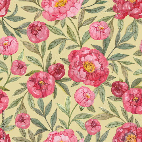 Wallpaper Mural Seamless floral pattern with red and pink peonies and green leaves painted in watercolor on a light green background. Elegant floral print for textiles, wrapping paper, wallpaper and more. Torontodigital.ca