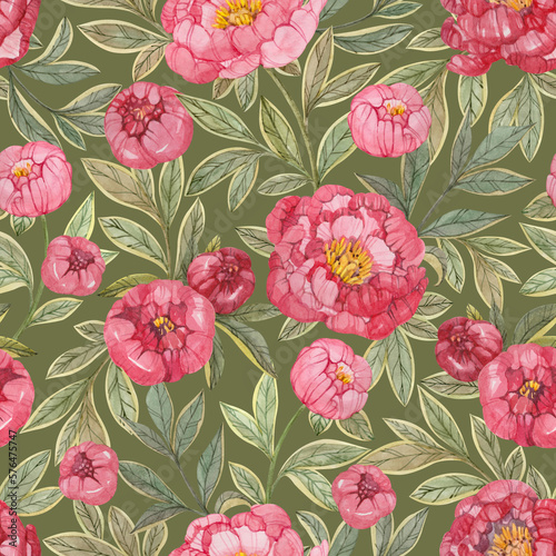 Seamless floral pattern with red and pink peonies and green leaves painted in watercolor on a dark green background. Elegant floral print for textiles  wrapping paper  wallpaper and more.