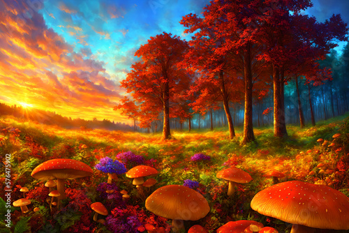 Fantasy glowing mushrooms in the forest in rays of sunset, low angle view, bright acid colors. AI generated photo