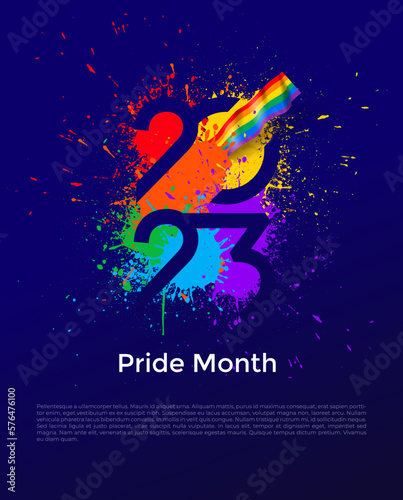 LGBTQ Pride month banner with typography text 2023 on abstract modern sharp colorful splash ink rainbow background design. Vector lgbt 2023 Isolated on blue background.