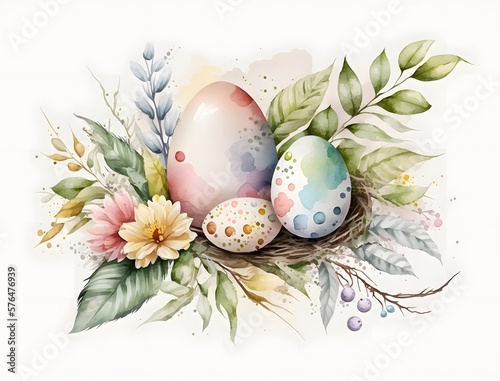 Easter watercolor illustration with eggs in the nest. Easter card. Nest with flowers. Ai generated.