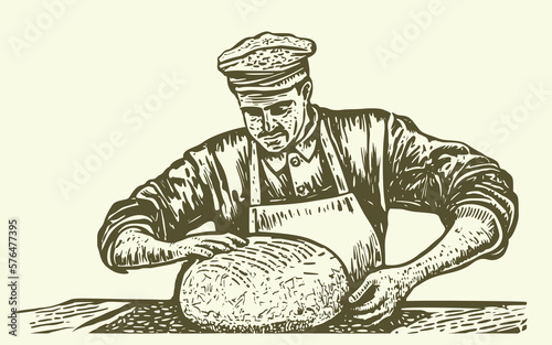 Man kneads dough. Vintage woodcut engraving illustration.