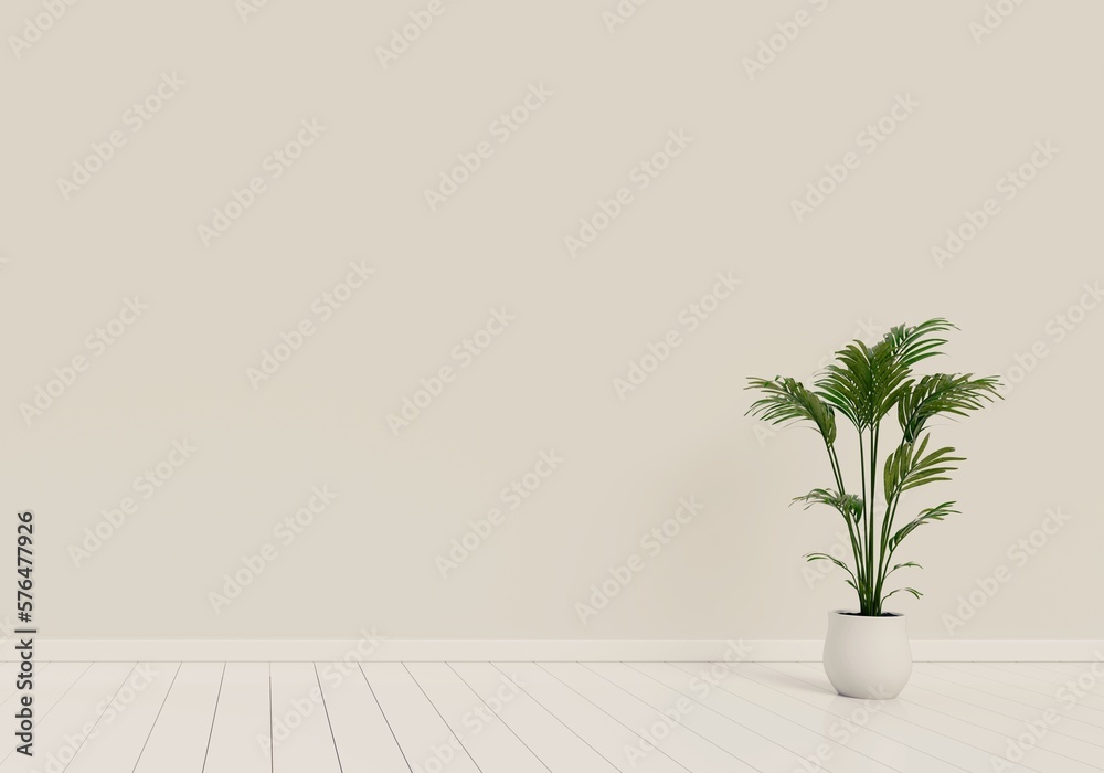 Fototapeta premium Modern interior design of living room with natural green plant pot on white glossy wooden floor. Home and Living concept. Lifestyle theme. 3D illustration rendering.
