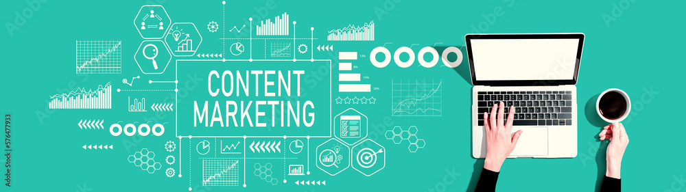 Content marketing theme with person using a laptop computer Content marketing theme with person using a laptop computer