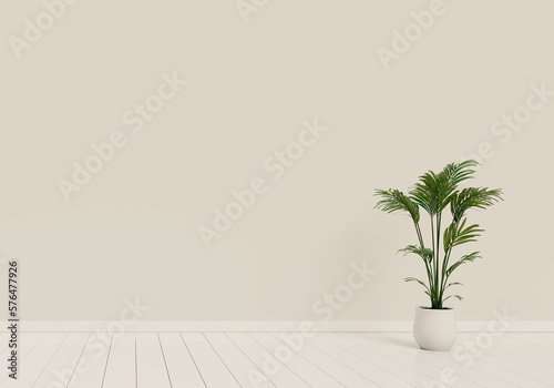 Modern interior design of living room with natural green plant pot on white glossy wooden floor. Home and Living concept. Lifestyle theme. 3D illustration rendering.