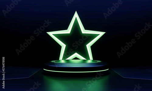 Modern products showcase sci-fi podium with green glowing light neon star shape background. Technology and object concept. 3D illustration rendering