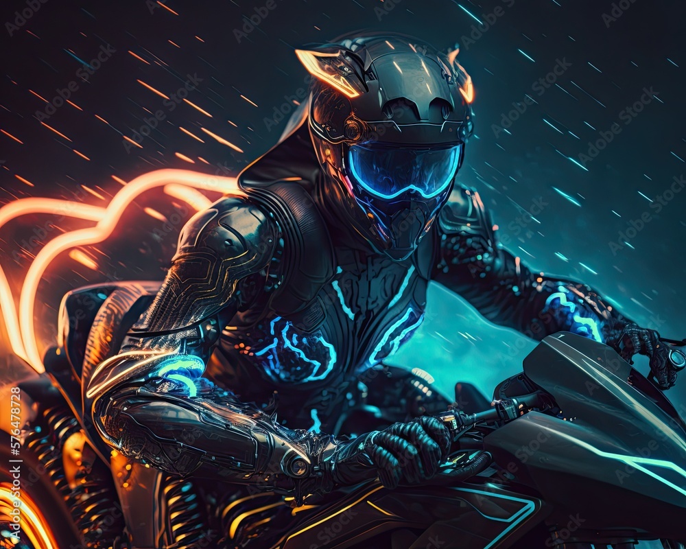 Ninja Samurai Motorcycle Rider in Cyberpunk Style. Generative AI.