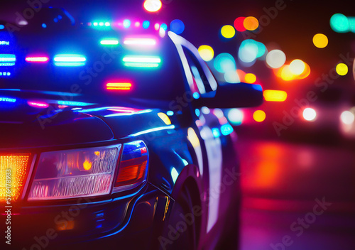 Police lights of the Police car. Police car with red and blue emergency. Emergency vehicle lighting. LED blinker flasher Police car. Ai Generative illustration. © MaxSafaniuk