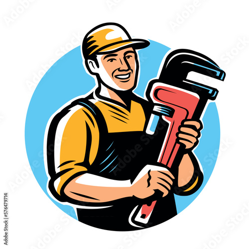 Happy service worker, builder with adjustable wrench. Workshop, building emblem, logo. Repair work vector illustration
