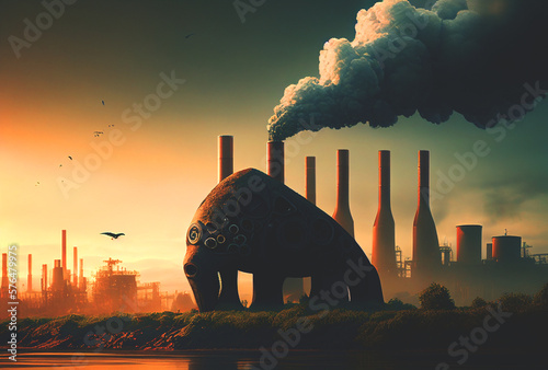 Smoke pipes of industrial plant in environment. Climate change. Green earth and air pollution from human. Global warming and Global CO2 emissions. Environmental protection  AI Generative illustration.