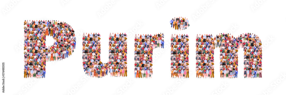 Large group of people in form of  Purim word. A crowd of male and female characters for web page, banner, presentation, social media. Flat vector illustration isolated on white background.