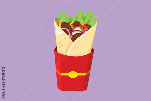 Character flat drawing fresh hot spicy online shawarma shop logo. Delicious Arabic roll with meat, salad, tomato. Kebab with chicken and onion. For restaurant menu. Cartoon design vector illustration