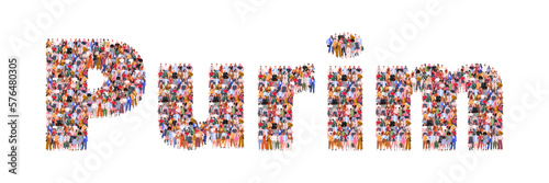 Large group of people in form of  Purim word. A crowd of male and female characters for web page, banner, presentation, social media. Flat vector illustration isolated on white background.