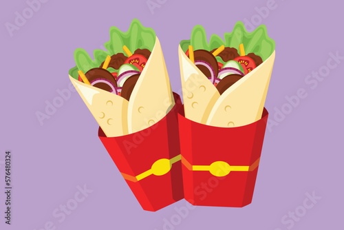 Graphic flat design drawing two fresh delicious shawarma online restaurant logo emblem. Delicious Arabic roll with meat, salad, tomato. Kebab with chicken and onion. Cartoon style vector illustration