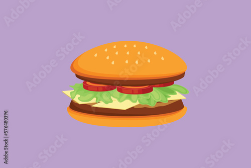 Graphic flat design drawing fresh delicious American burger restaurant logo emblem. Fast food beef burger cafe shop. Fast food beefburger menu and restaurant badge. Cartoon style vector illustration