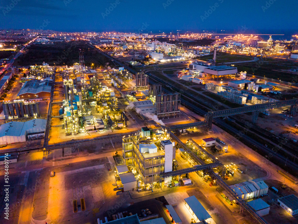 Night panoramic view of large chemical plant at Tarragona, Spain
