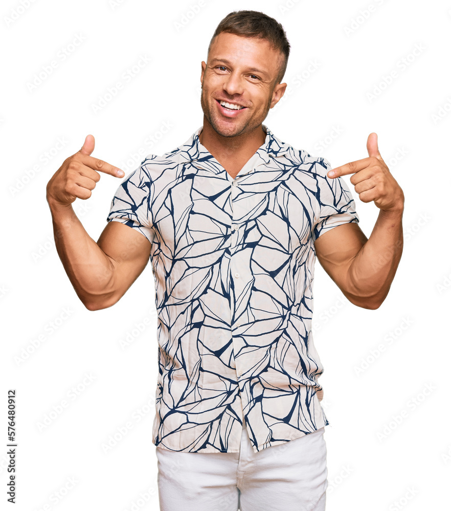 Handsome muscle man wearing casual clothes looking confident with smile on face, pointing oneself with fingers proud and happy.