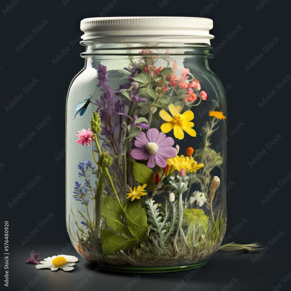 A mix of wildflowers in a mason jar. A mix of wildflowers in a mason jar.