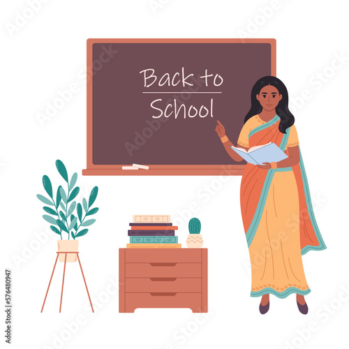 Indian female teacher at classroom near blackboard. Back to school. Education, lecture and lesson at school. Vector illustration in flat style