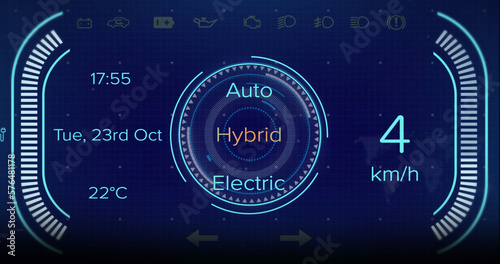 Image of car panel with car mode texts and icons on blue background