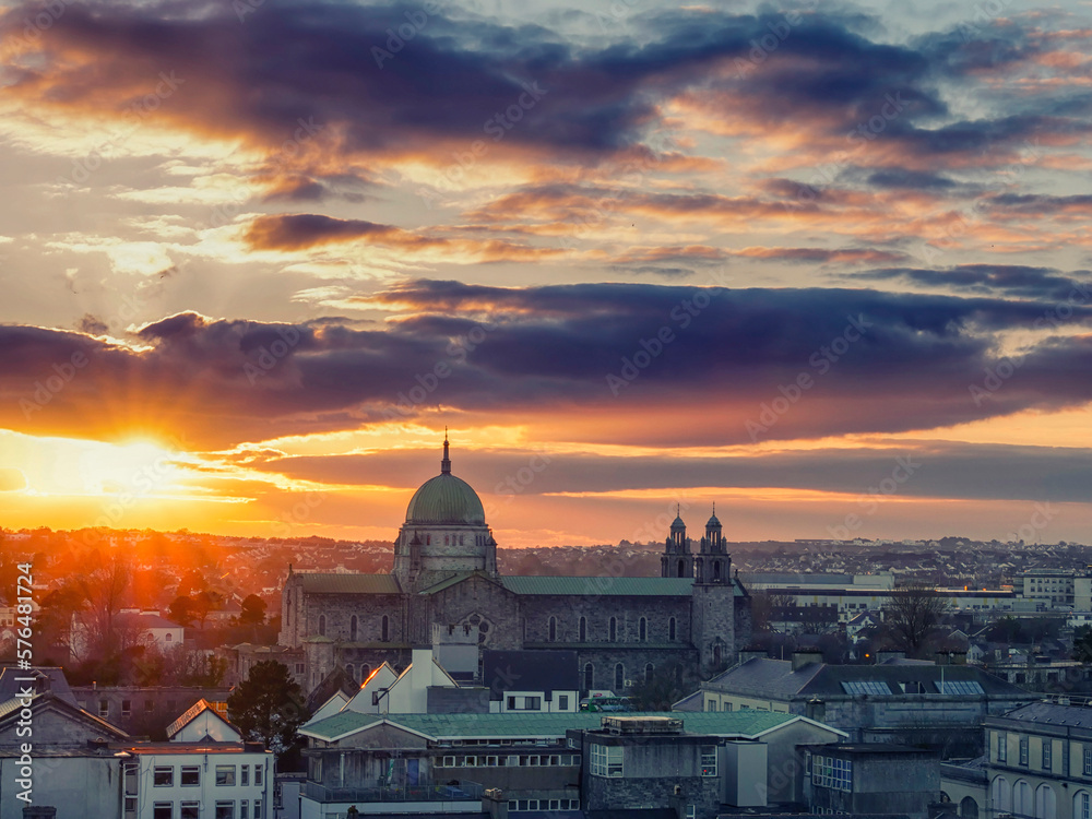 Stunning sunset over Galway Cathedral. Popular city landmark and Catholic church.