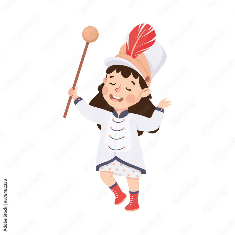 Naklejka premium Cute girl drum major. Happy kid in white traditional costume marching band parade with rod cartoon vector illustration