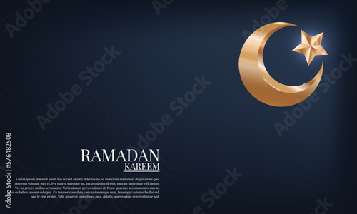 realistic golden moon and star ramadan kareem banner with moslem ornament blue dark background photo