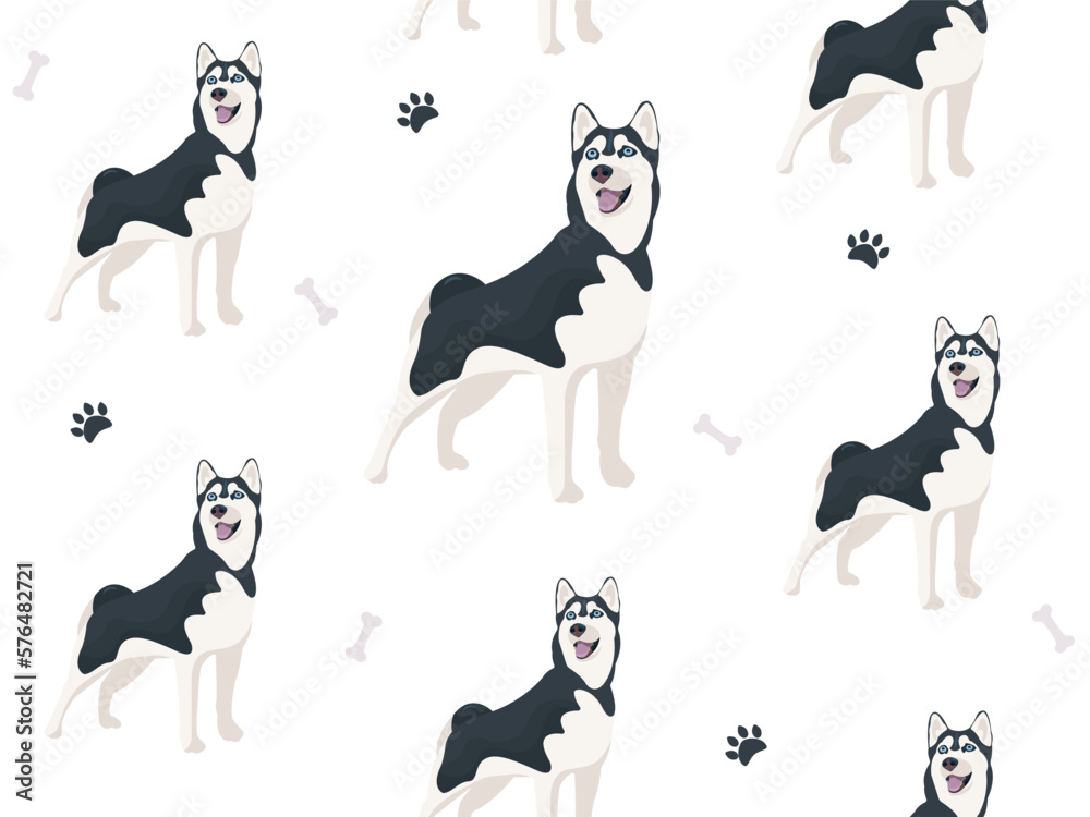 Seamless pattern with vector black and white dog Siberian Husky standing and smiling, tongue hanging out. Cute cartoon pet. Domestic animal Seamless pattern with vector black and white dog Siberian Husky standing and smiling, tongue hanging out. Cute cartoon pet. Domestic animal