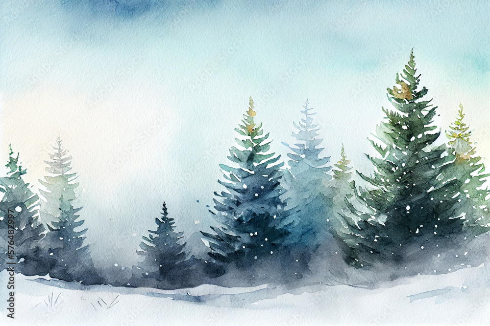 Watercolor winter pine tree forest.generative ai