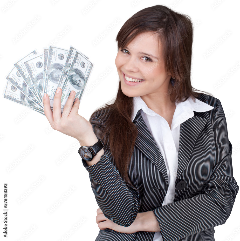 Young woman with money isolated on white Young woman with money isolated on white