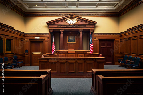 Court of the USA. Courtroom of United States. American flag in Courtroom. Supreme Court, Judiciary, Judge. American Justice, Judicial Authority. Appellate. Ai Generative illustration. photo
