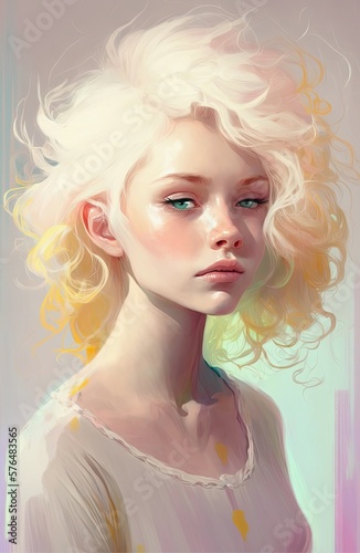 Portrait of a beautiful young blonde woman as cover design, wallpaper, background or poster. Cute sensual girl with blonde hair and blue eyes. Fictional character. Generative AI art.