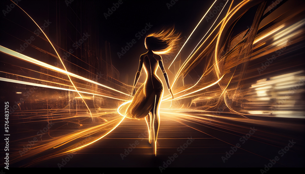 highway concept in bright golden colors, in night with runner