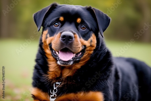 Rottweiler puppy posing with nature background, generative ai color grading. Cute Rottweiler Dog watching to camera
