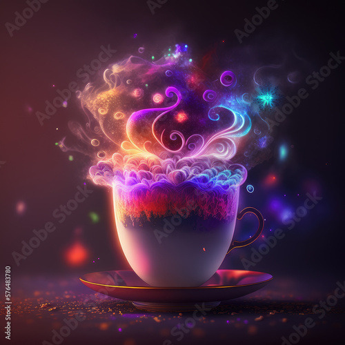 Fabulous colorful latte with neon lights and beautiful steam