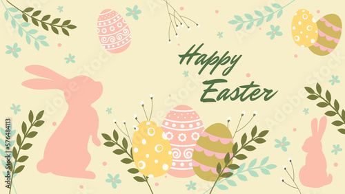 Holiday Easter background with easter eggs, flowers and greenery. Elegant greeting card or poster. Vector flat  illustration. Unique design for home decor, invitations, posters, greeting card. photo